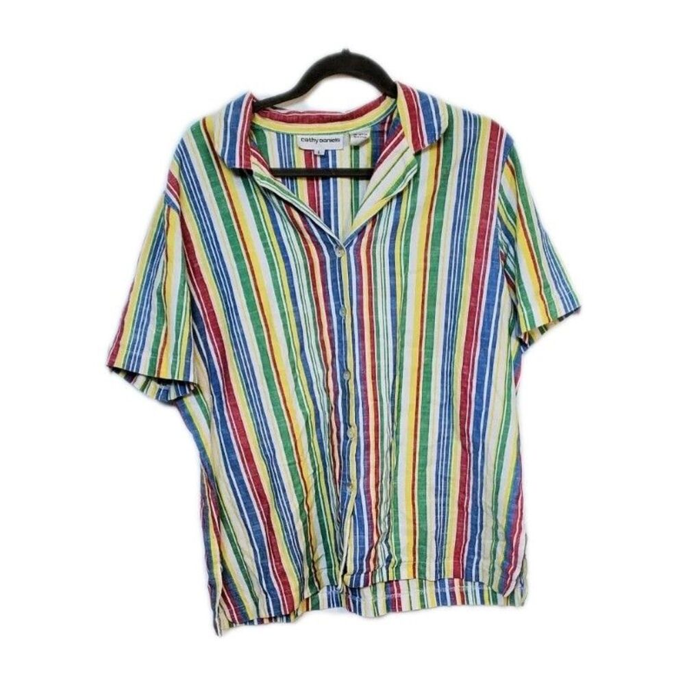 VINTAGE 1990s Cathy Daniel's Striped Button Up Cotton Bright Camp Shirt L